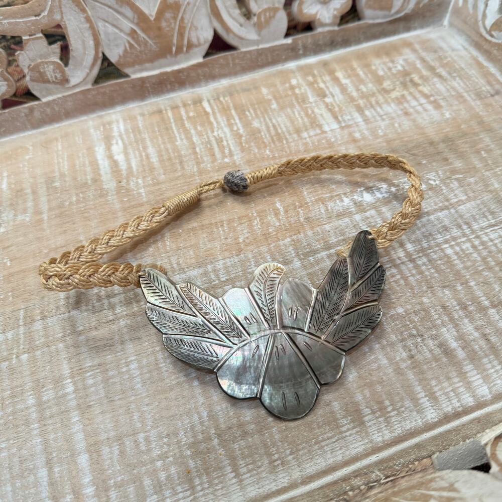 Y2K Necklace MOP Shell Eagle Carved Engraved Bird Raffia Boho Whimsigoth Retro